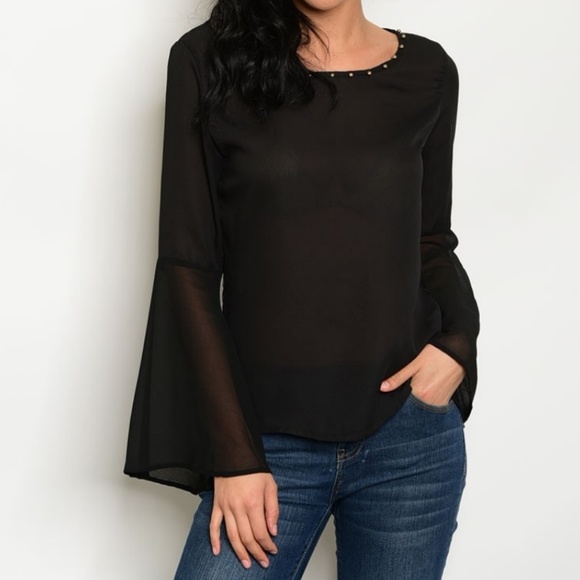 Floral Sheer Black Lace Back Bead Embellish Chiffon Bell Sleeve High Low Top - Picture 4 of 6